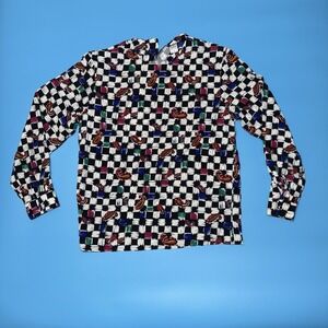 Vintage Marlis Blouse 80s Made in Korea SZ 8 Abstract Paisley Checker Print Top